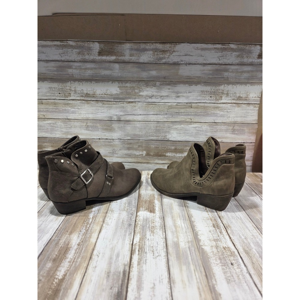 Womens Tan Faux Suede Stud Buckle Cutout Ankle Boots Block Heel2 pr boots‎ 6.5